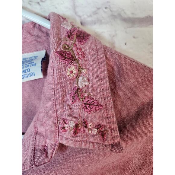 Blair Women's Button Front Shirt Dusty Rose Embroidered Collar Pocket Med - Picture 4 of 9